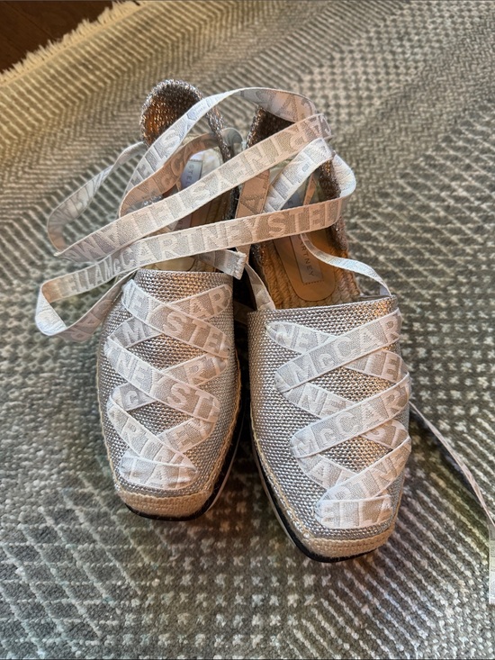Stella McCartney Shoes - Stella McCartney Metallic Silver Lace-Up Espadrille Flats